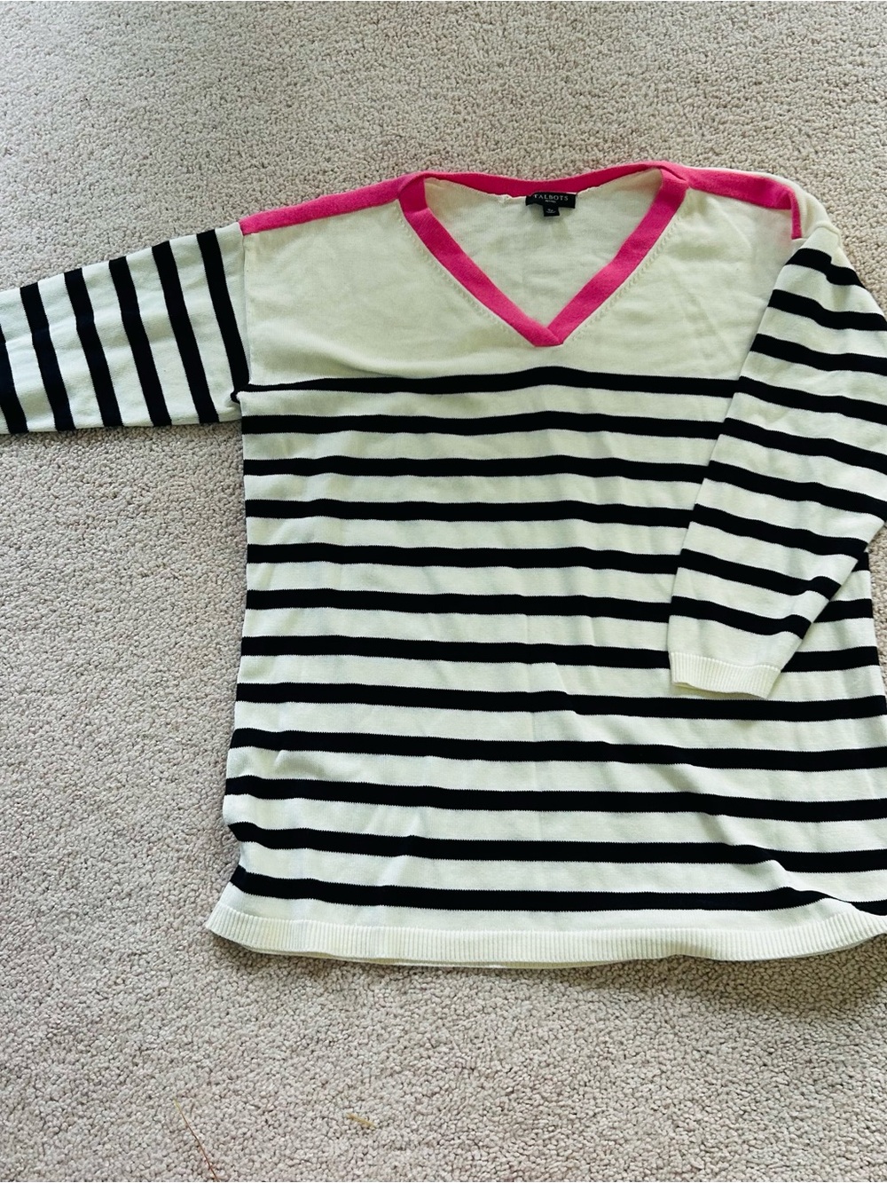 Talbots Cream and Black Striped V-Neck Sweater with Pink Trim